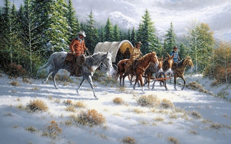 forest rider - horse, forest, wagon, snow, winter