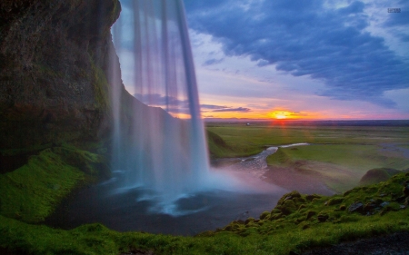 seljalandsfoss waterfall - sunset, grass, seljalandsfoss, waterfall