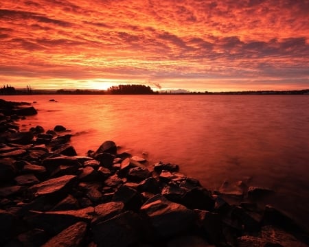 Sea Sunnset - red, clouds, sunset, sea, nature