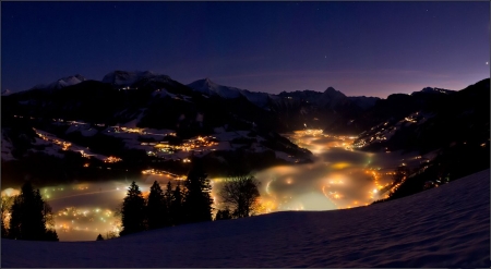 Winter Night - trees, town, snow, mountains, lights