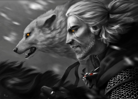 The hunt - yellow eyes, the hunt, fantasy, black, wolf, white, art, engelszorn, game, man, animal