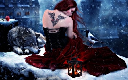 Without you - woman, esther puche, girl, winter, without you, fantasy, wolf, tattoo, art, lantern, red, snow, blue, animal