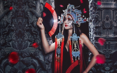 Oriental beauty - woman, fan, girl, jewel, asian, black, model, red, blue