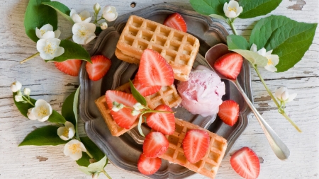 Waffles & Strawberry - ice cream, strawberry, breakfast, delicious, food, dessert