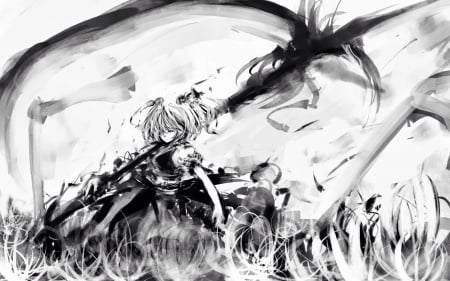 Young Reaper - scythe, anime, anime girl, black and white, dark