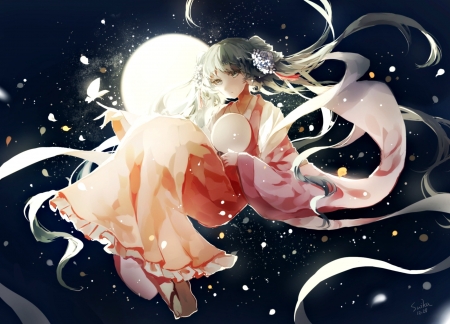 Hatsune Miku - moon, anime, blue, girl, hatsune miku, night, cui, pink, manga, white, luminos, sky