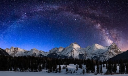 Winter Panorama - mountains, landscape, clouds, snowfall, trees, snow