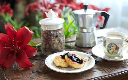 Breakfast - delicious, coffee, breakfast, food, tea, sweet, lily