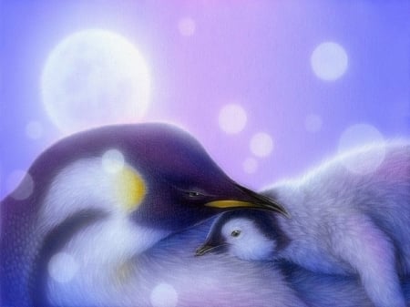 Emperor Penguins - moons, winter, penguins, paintings, snow, love four seasons, animals, family