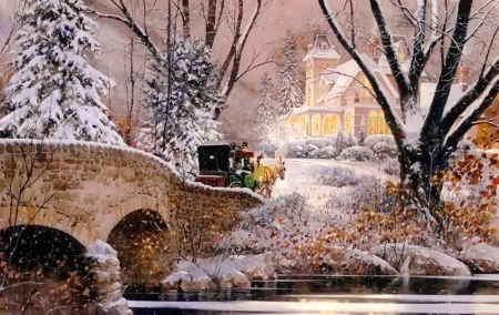 Snowy day - trees, winter, painting, art, horse, snow, river, beautiful, frost, house, bridge