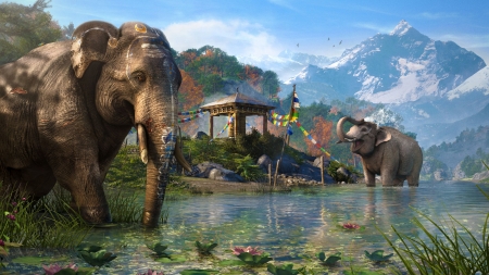 far cry 4 - elephant, lake, far, mountain, cry