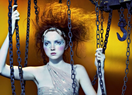 Lily Cole - woman, actress, girl, make-up, model, chains, face, yellow, lily cole, golden