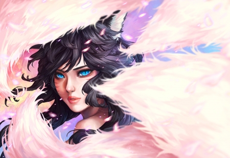 Ahri - woman, beauty, blue eyes, fantasy, fox, art, game, pink, league of legends, nine tails, edenofe, ahri