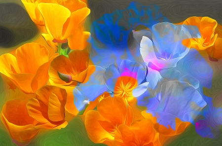 Flowers - painting, art, blue, orange, pictura, texture, flower