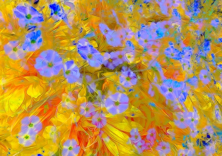 Flowers - painting, art, yellow, blue, orange, pictura, texture, flower