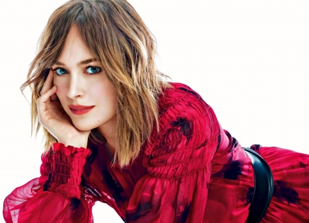 Dakota Johnson - white, woman, actress, dakota johnson, girl, red, blue eyes