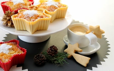 Christmas Joy - star, cupcake, delicious, coffee, food, sweet, christmas, holiday, pine, dessert, cupcakes