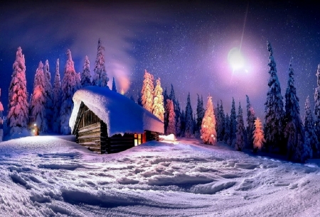 Magic night - house, snow, moon, winter