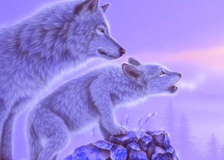 Wolf in the Clouds - winter, paintings, snow, love four seasons, animals, wolves