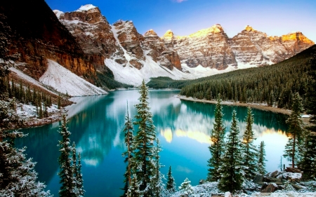 Moraine lake in winter - lake, moraine, mountain, trees, landscape, hills, winter, serenity, reflection, mirror, snow, beautiful