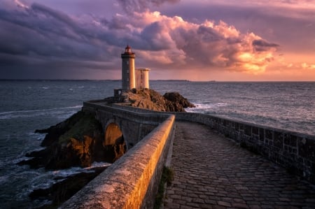 Phare du Petit Minou - clouds, France, French, ocean, Brittany, Water, sunset, Lighthouse, Plouzane, sky, walkway, Phare du Petit Minou