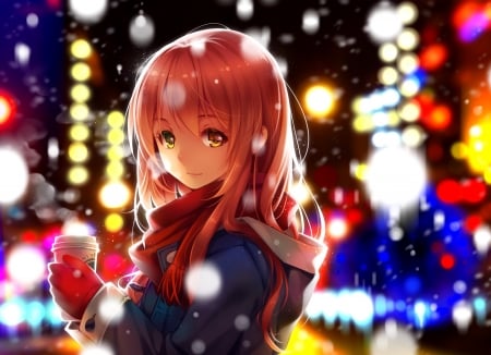 Happy With My Coffee - bokeh, anime, anime girl, scarf, coffee cup, jacket