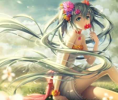 â€ Flowers Galore â€ - flowers in hair, beauty, flowers, vocaloid, anime, nature, hatsune miku