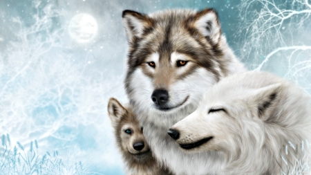 Sometimes they also want a peaceful life - moon, winter, cub, blue, wolf, family, fantasy, white, animal, cute, alenaekaterinburg, art, luminos