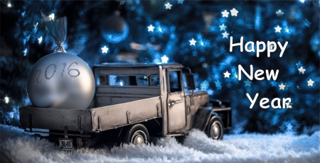 Happy New Year - truck, 2016, christmas balls, glitter, artwork