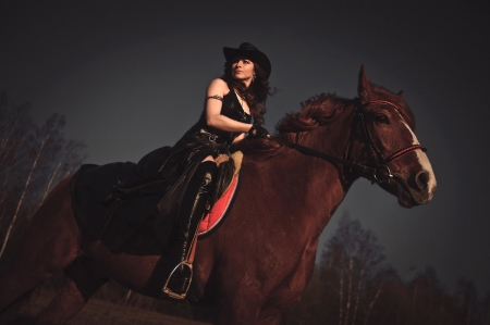 Cowgirl - black hat, girl, horse, riding