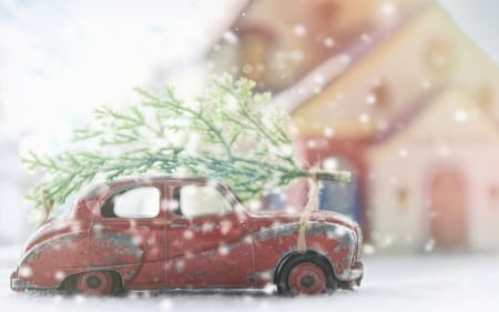 Bringing home the Christmas tree - winter, snow, toy, tree, christmas, white, car, craciun, green