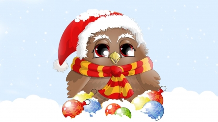 Christmas owl - craciun, hat, winter, fantasy, bird, christmas, white, santa, red, blue, snow, card, owl