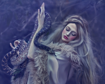 Temptation - woman, agnieszka lorek, fur, temptation, girl, reptile room, model, purple, ellie bish, snake