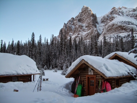 Winter At The Elizabeth Parker Hut, Lake O'Hara - trees, cabins, landscape, snow, mountains