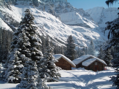 Cabins At Lake O'Hara, Canada - trees, snow, huts, mountains, Yoho np