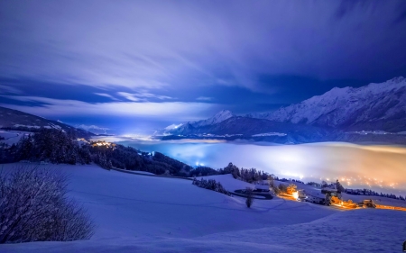 Winter landscape - clouds, reflections, winter, amazing, beautiful, evening, snow, landscape, village, river, lights, mist, beautidful, sky