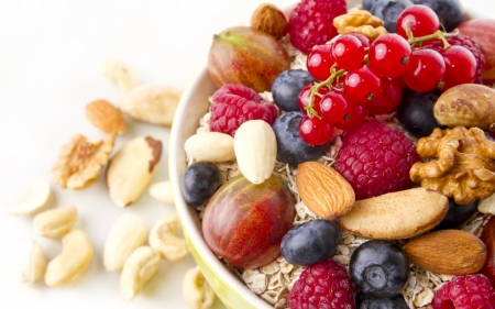 Breakfast - delicious, nuts, breakfast, berry, almons, muesli, fruit, healthy, fruits