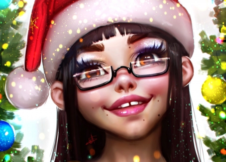 Christmas girl - hat, girl, christmas, santa, fantasy, white, glasses, craciun, new year, red, ayyasap, art