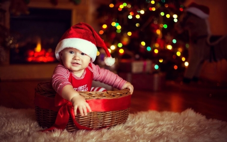 Christmas baby - craciun, hat, basket, child, copil, christmas, santa, baby, red, lights