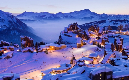 Winter village - slope, mmountain, hills, winter, mist, village, view, snow, beautiful, resort, lights