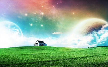 Rainbow Paradise - house, prairie, field, rainbow