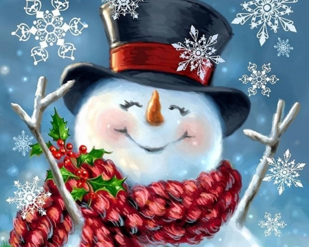 Joyful Snowman - snowman, winter, snowflakes, paintings, snow, holidays, xmas and new year, New Year, Christmas, love four seasons