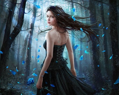 My Blue World - blue, woman, rose, forest, petals