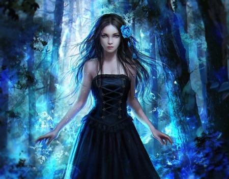 My Blue World - woman, forest, rose, blue