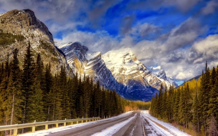 Winter road - clouds, trees, winter, beautiful, road, snow, landscape, forest, mountain, cliffs, sky, rocks