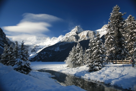 River in Winter - ice, trees, frozen, cloud, landscape, snow, mountains