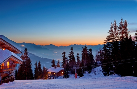 Cabins for Skiing - trees, landscape, snow, mountains, lights