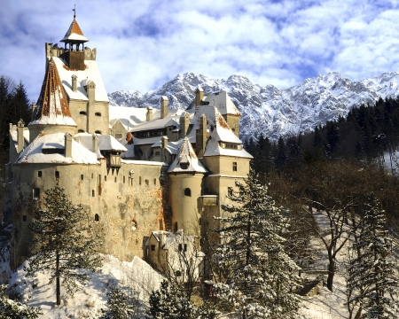 Romanian Castle - old, towers, landscape, snow, mountains, building