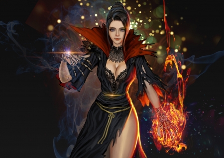 Fantasy girl - sorceress, game, girl, orange, dark, youngmin suh, black, fantasy, fire, woman, art, luminos