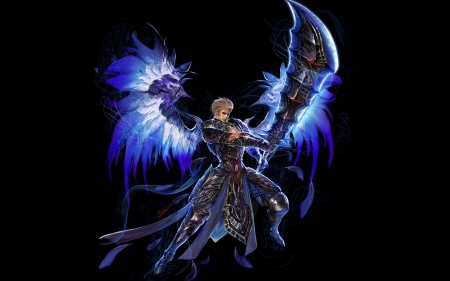 Angel - angel, wings, black, fantasy, art, game, man, blue, luminos, youngmin suh, weapon, guy